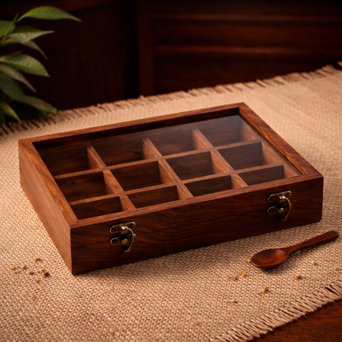 Indian Wooden Spice Organiser with wooden spoon - 10 Inch
