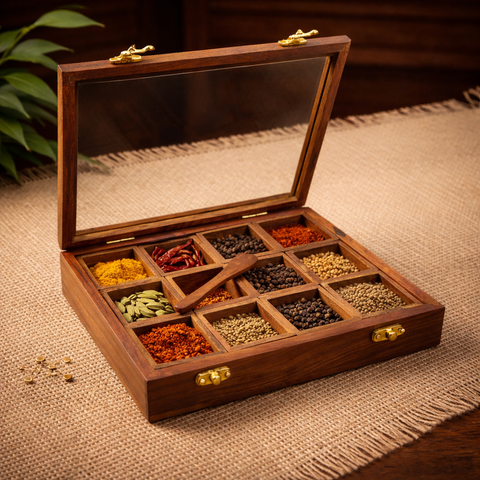 Indian Wooden Spice Organiser with wooden spoon - 10 Inch