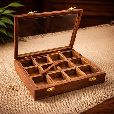Indian Wooden Spice Organiser with wooden spoon - 10 Inch