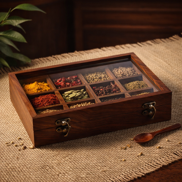 Indian Wooden Spice Organiser with wooden spoon - 10 Inch