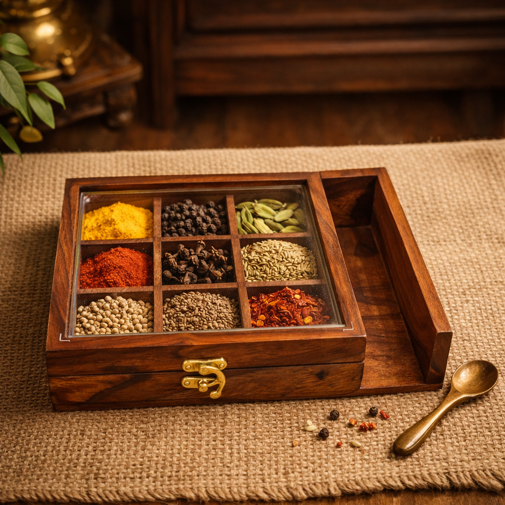 Luxury Wooden Spice Box with Wooden Spoon | Traditional Indian Masala Box - 10 Inch