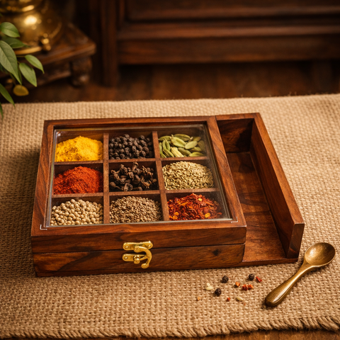 Luxury Wooden Spice Box with Wooden Spoon | Traditional Indian Masala Box - 10 Inch