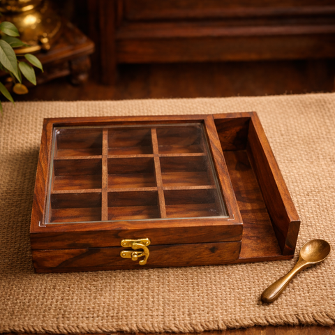 Luxury Wooden Spice Box with Wooden Spoon | Traditional Indian Masala Box - 10 Inch