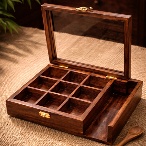 Luxury Wooden Spice Box with Wooden Spoon | Traditional Indian Masala Box - 10 Inch