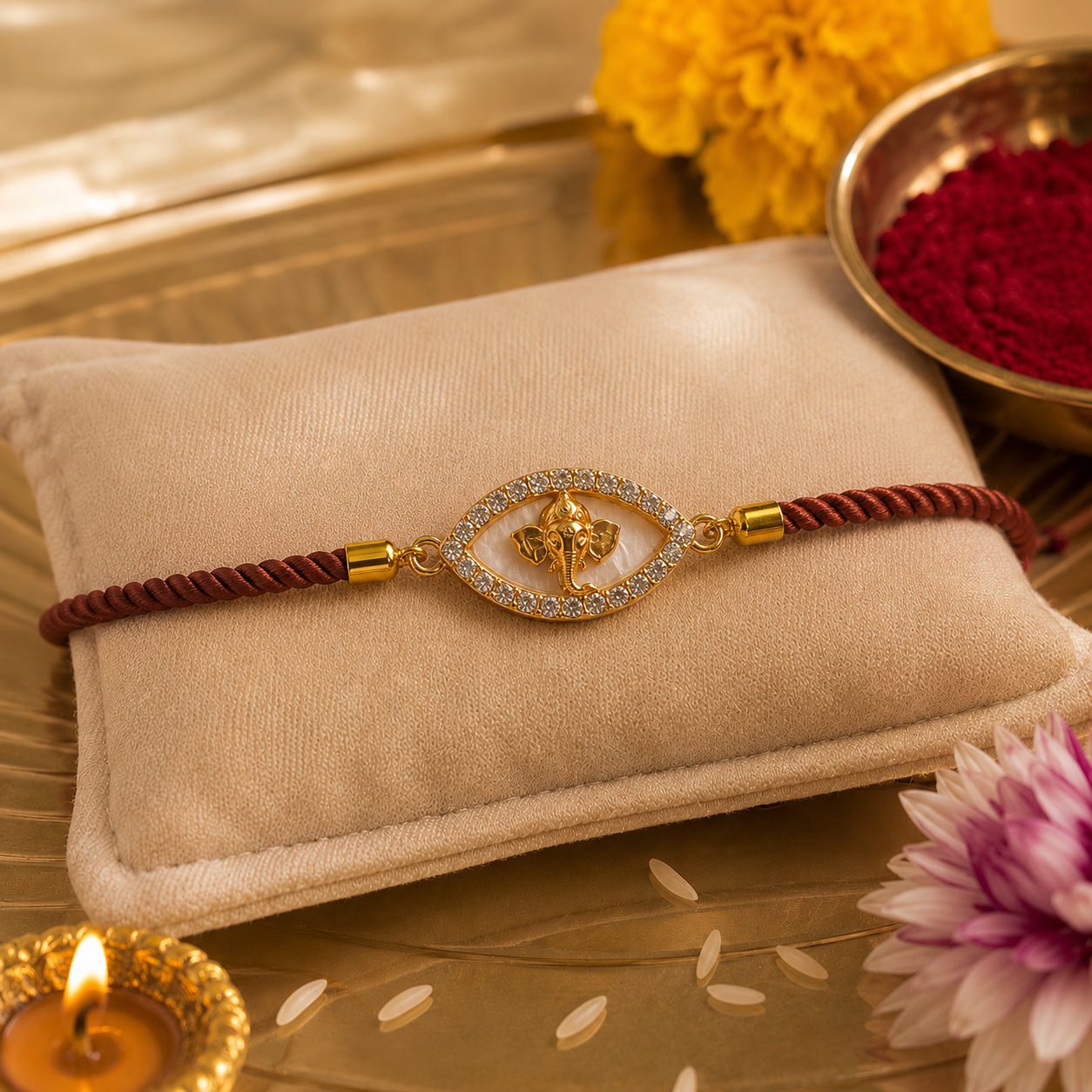 Divine Ganesha Adjustable Rakhi with Crystal Accents with Roli Chawal