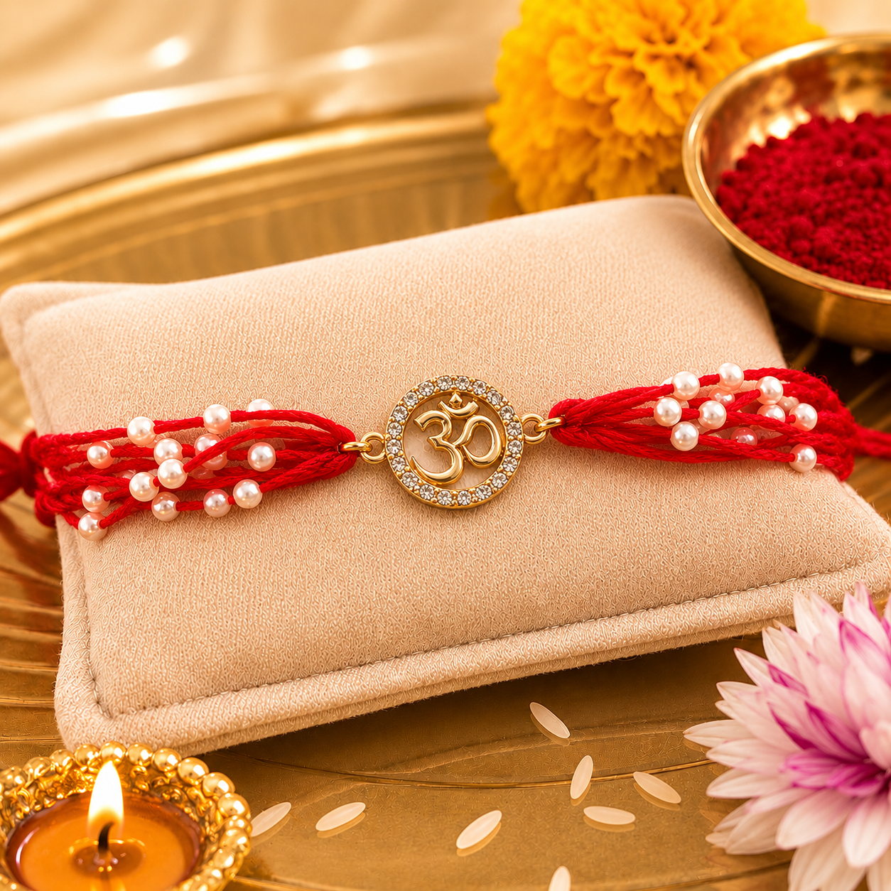 Om Pearl Rakhi with Crystal Accents for Raksha Bandhan with Roli Chawal