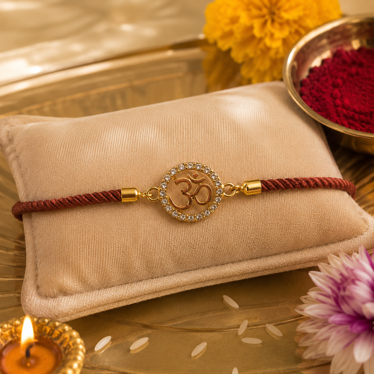 Om Crystal Rakhi with Premium Adjustable Braided Thread & Roli Chawal