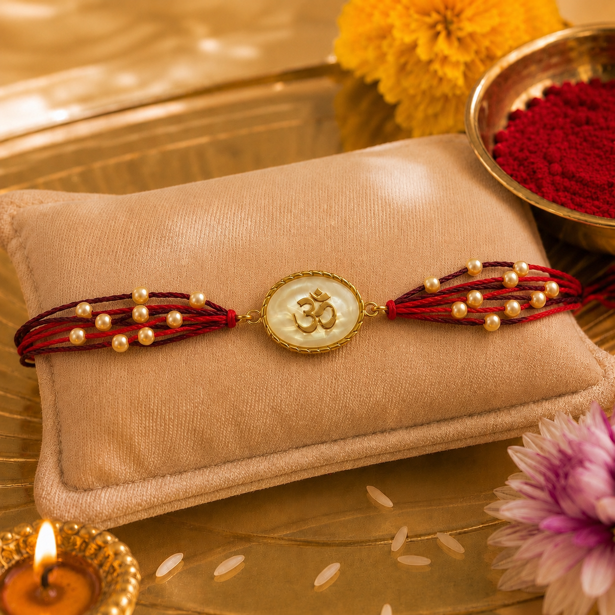 Divine Om Pearl Designer Rakhi for Raksha Bandhan with Roli Chawal