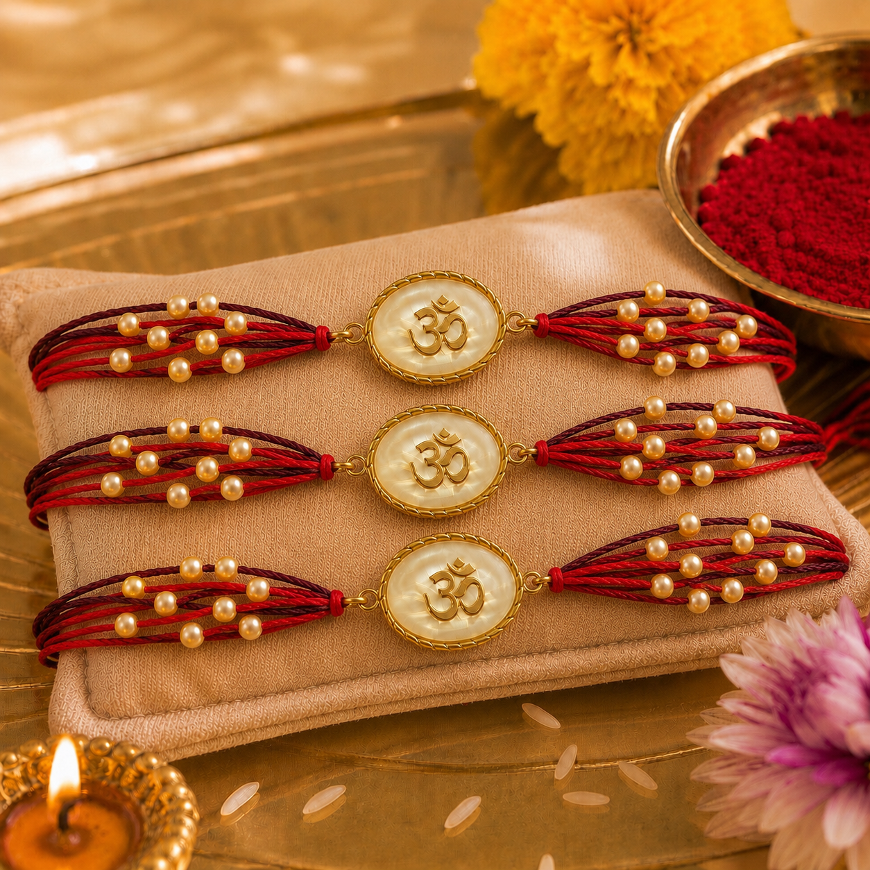 Divine Om Pearl Rakhi Collection – Set of 3 Designer Rakhis with Roli Chawal