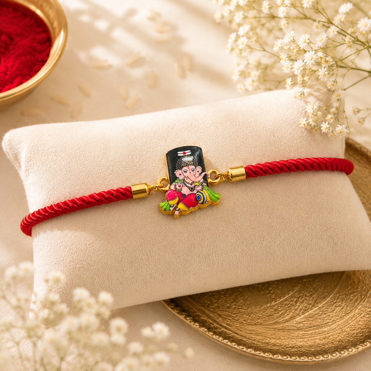 Ganesha Designer Rakhi with Adjustable Bracelet with Roli Chawal