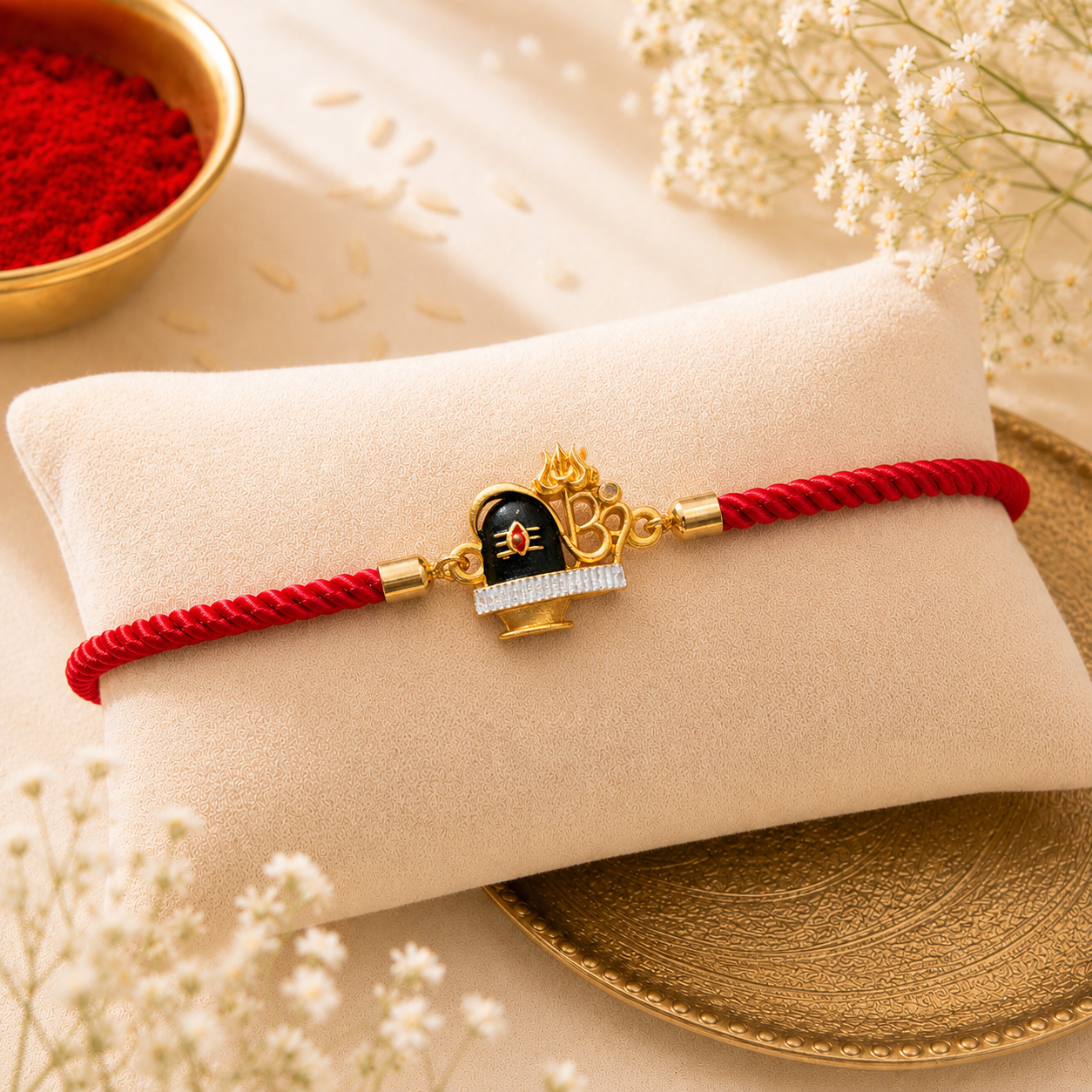 Divine Shivling Om Rakhi with Braided Adjustable Thread with Roli Chawal