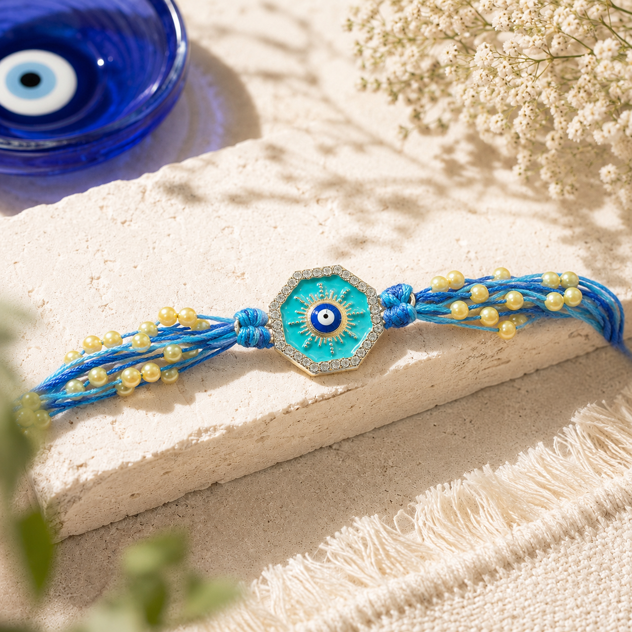 Turquoise Evil Eye Pearl Designer Rakhi with Roli Chawal
