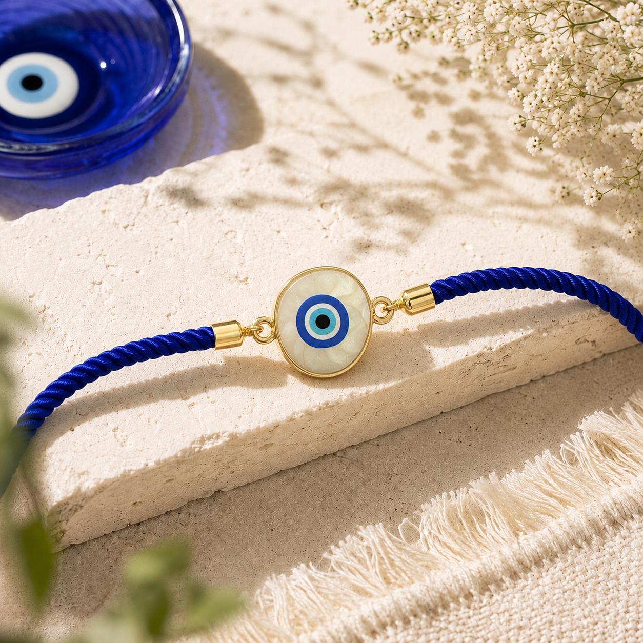 Blue Evil Eye Rakhi with Premium Adjustable Braided Thread & Roli Chawal
