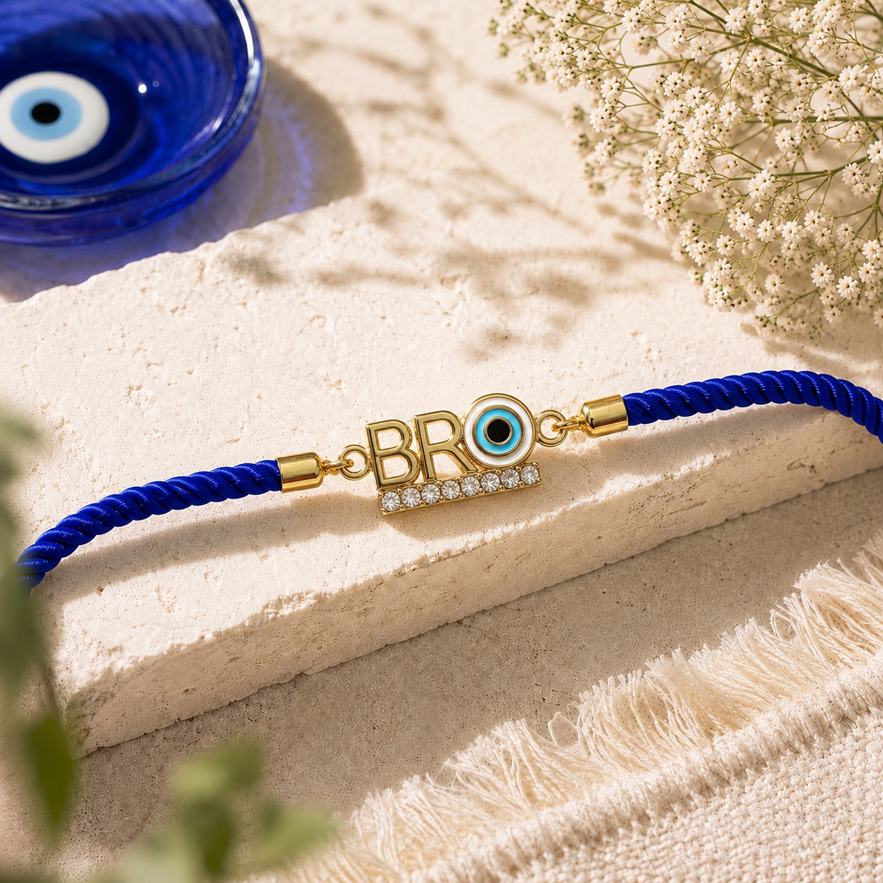 BRO Evil Eye Crystal Designer Rakhi with Premium Adjustable Thread with Roli Chawal