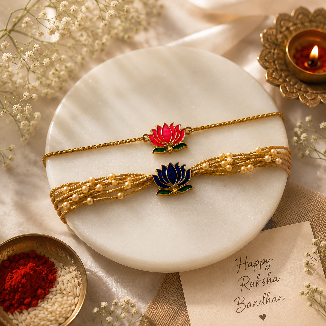 Lotus Designer Bhaiya Bhabhi Rakhi with Premium Adjustable Thread – Set of 2 with Roli Chawal