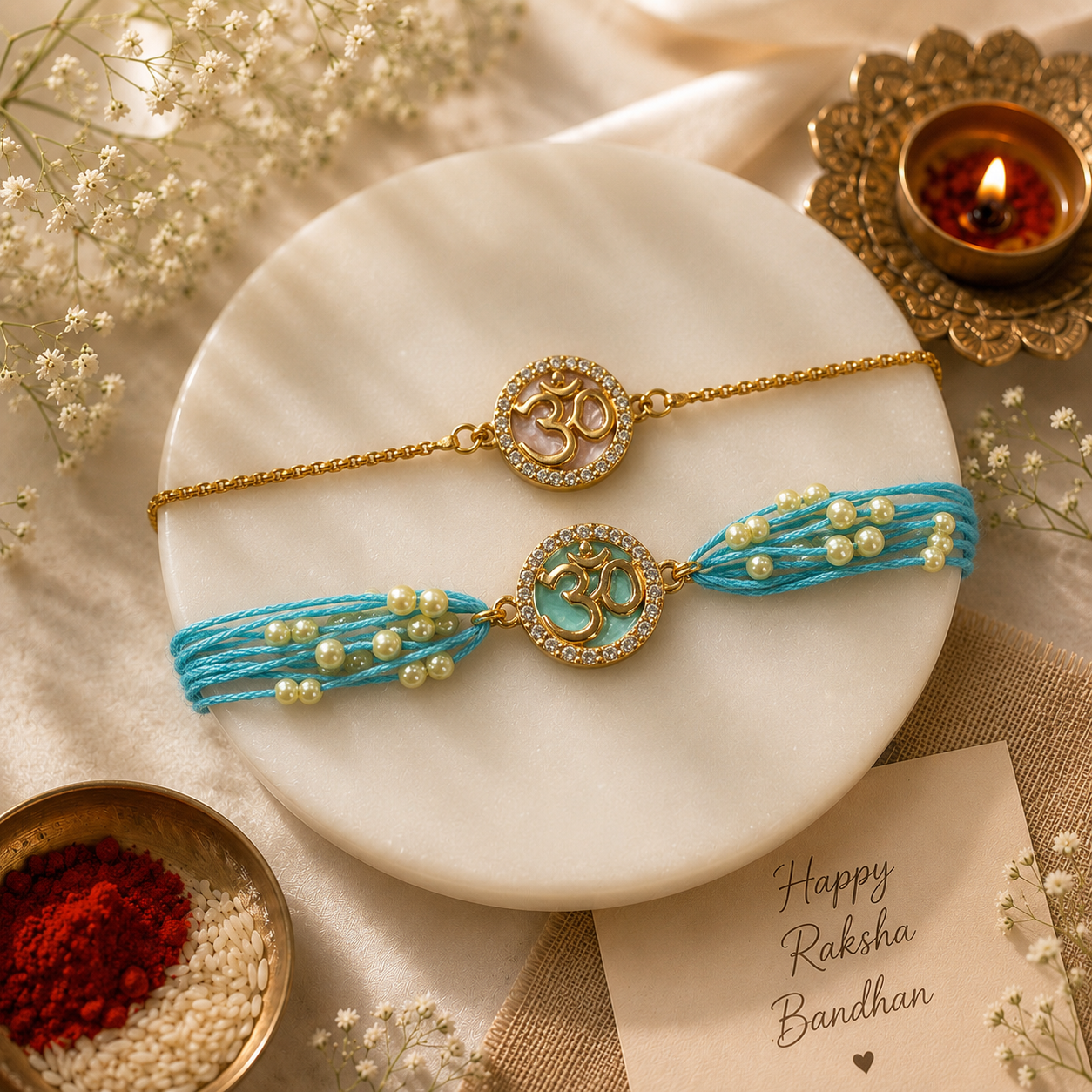 Om Designer Bhaiya Bhabhi Rakhi Set of 2 with Premium Adjustable Thread with Roli Chawal