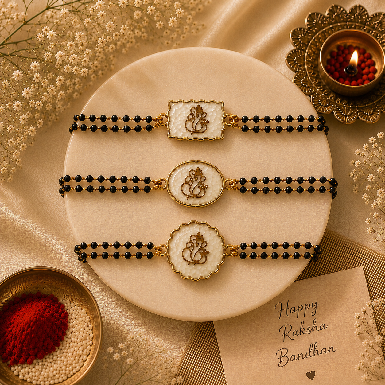 Ganesha Designer Rakhi Collection Set of 3 with Premium Adjustable Thread with Roli Chawal