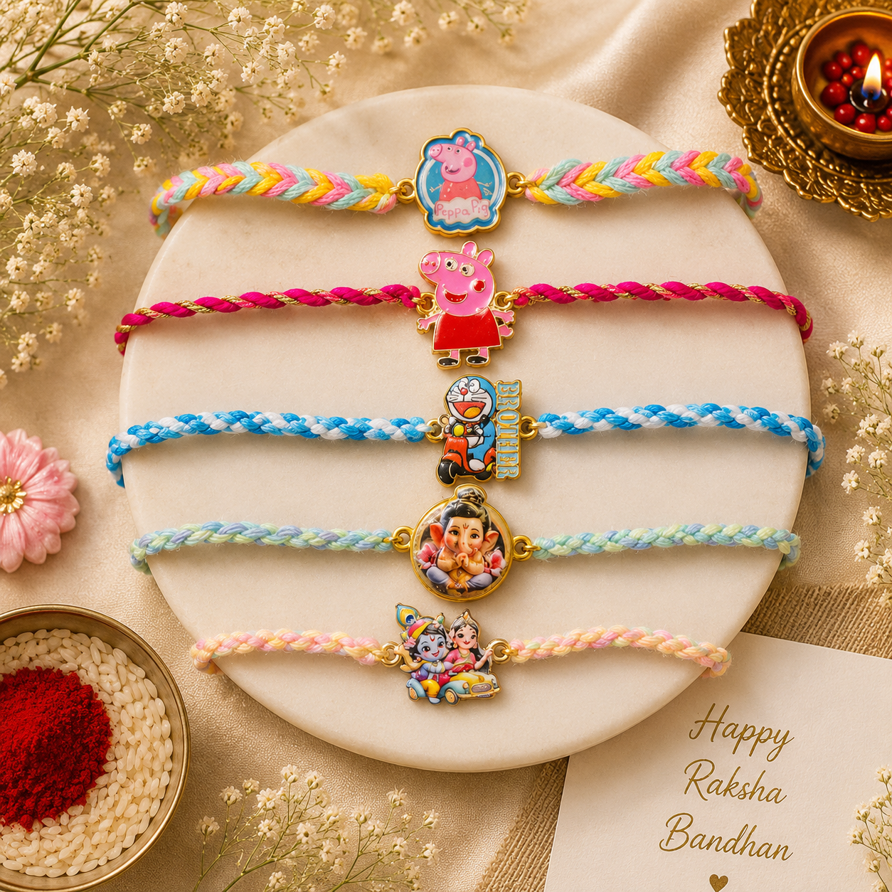 Kids Designer Rakhi Collection Set of 5 with Premium Adjustable Thread with Roli Chawal