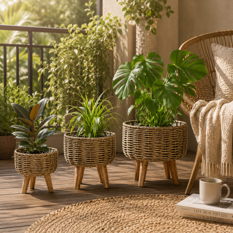 Jute Planter - Pots Basket Set of Three with Wooden Stand