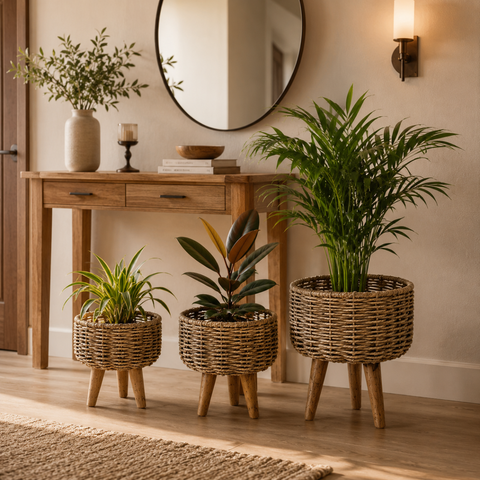 Jute Planter - Pots Basket Set of Three with Wooden Stand