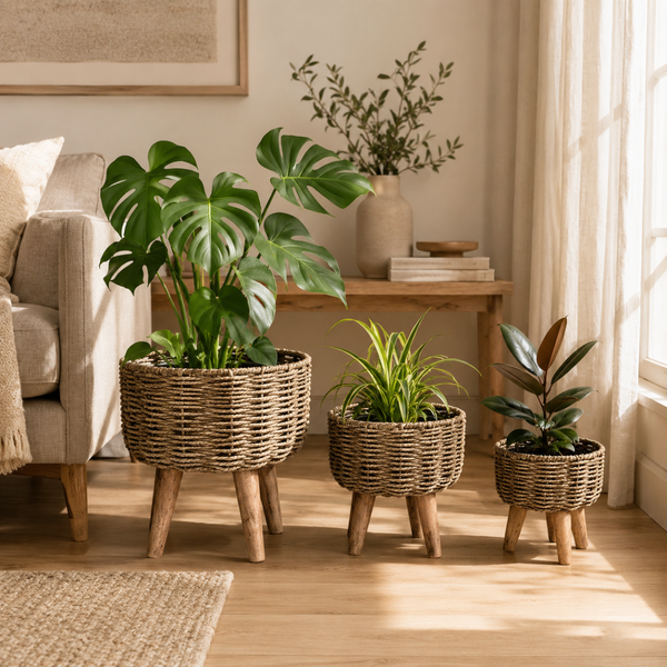 Jute Planter - Pots Basket Set of Three with Wooden Stand