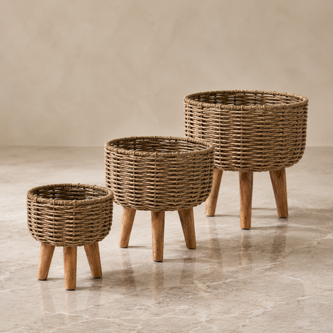 Jute Planter - Pots Basket Set of Three with Wooden Stand