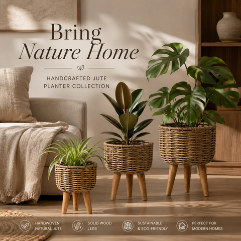 Jute Planter - Pots Basket Set of Three with Wooden Stand