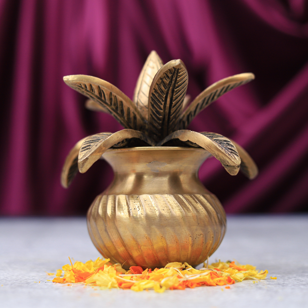 Brass Mangal Kalash With Mango Leaves