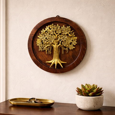 Kalpavriksha Brass Tree on Wooden Plate Wall Decor |13Inch