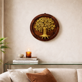 Kalpavriksha Brass Tree on Wooden Plate Wall Decor |13Inch