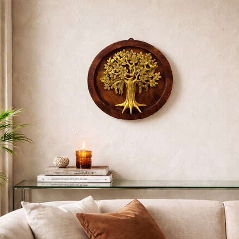 Kalpavriksha Brass Tree on Wooden Plate Wall Decor |13Inch