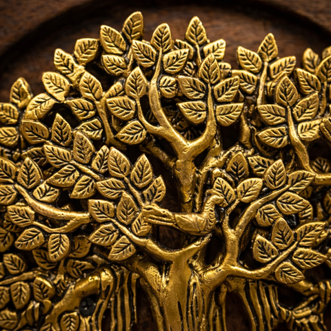 Kalpavriksha Brass Tree on Wooden Plate Wall Decor |13Inch