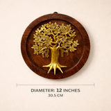 Kalpavriksha Brass Tree on Wooden Plate Wall Decor |13Inch