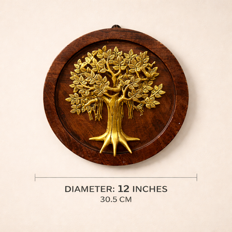 Kalpavriksha Brass Tree on Wooden Plate Wall Decor |13Inch