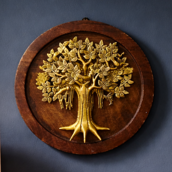 Kalpavriksha Brass Tree on Wooden Plate Wall Decor |13Inch
