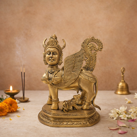 Kamdhenu Cow & Calf Statue  in Brass for Pooja Room, Vastu & Wealth Attraction | 10 Inch