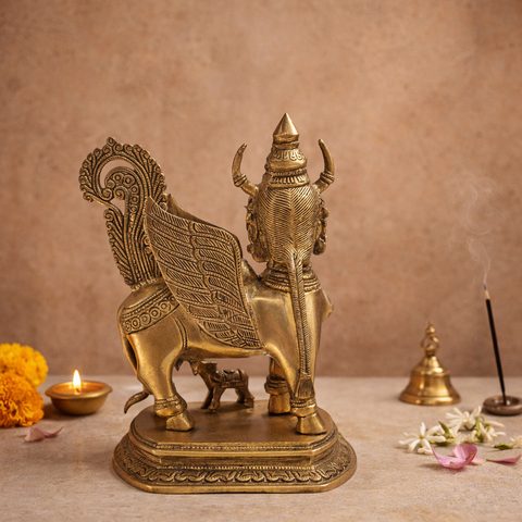 Kamdhenu Cow & Calf Statue  in Brass for Pooja Room, Vastu & Wealth Attraction | 10 Inch