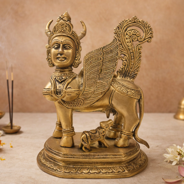 Kamdhenu Cow & Calf Statue  in Brass for Pooja Room, Vastu & Wealth Attraction | 10 Inch