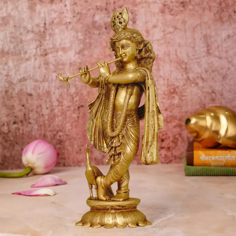 Krishna statue with flute on Lotus Base