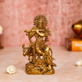 Lord Krishna Statue Standing With Cow & Peacock