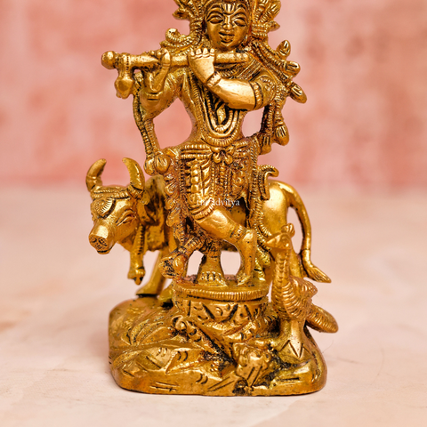 Lord Krishna idol Standing With Cow & Peacock