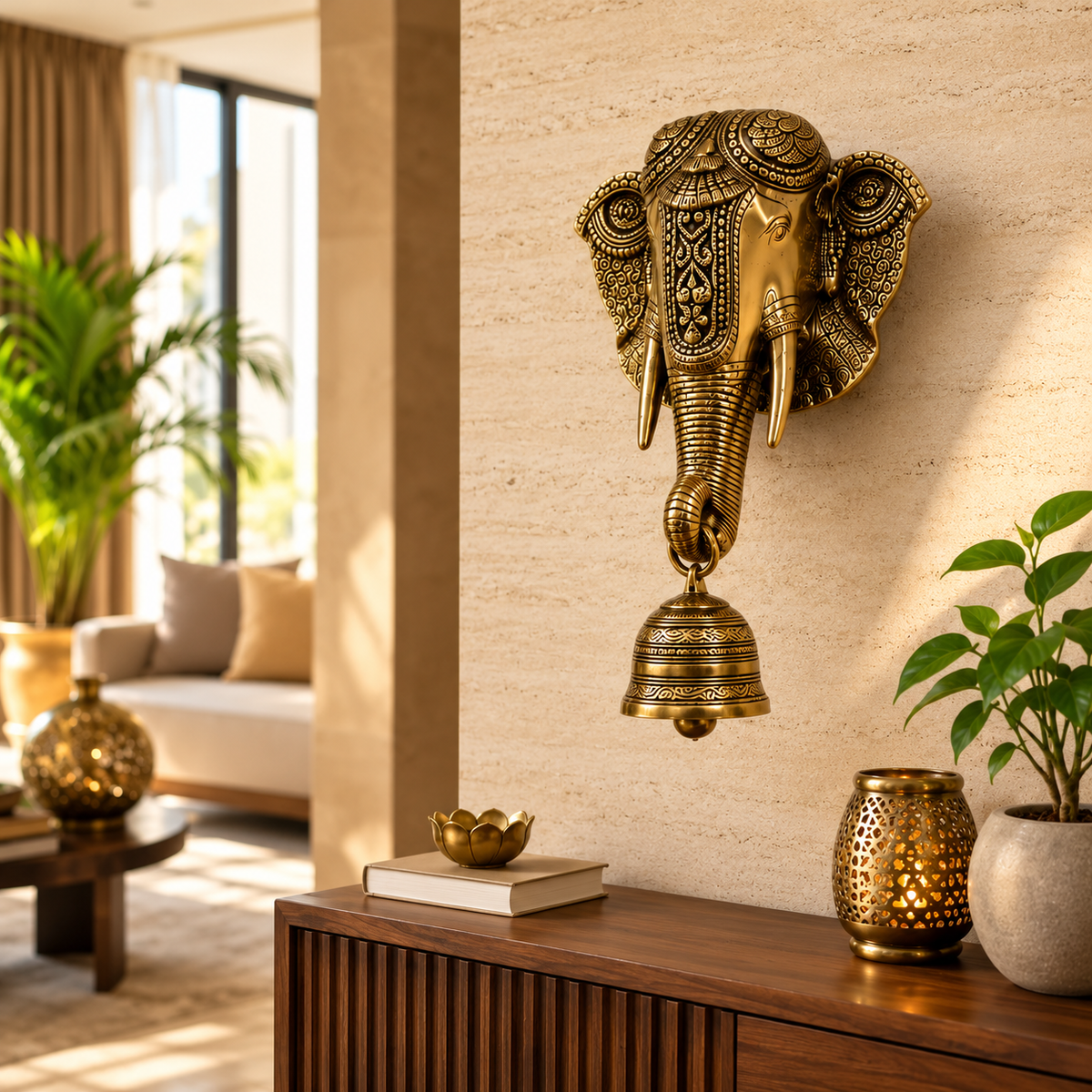 Brass Elephant Wall Hanging with Bell for Home Entrance, Temple & Vastu Decor | Antique Finish Decorative Door Hanging | 11 Inch