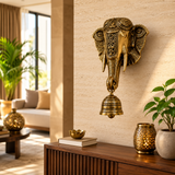 Brass Elephant Wall Hanging with Bell for Home Entrance, Temple & Vastu Decor | Antique Finish Decorative Door Hanging | 11 Inch