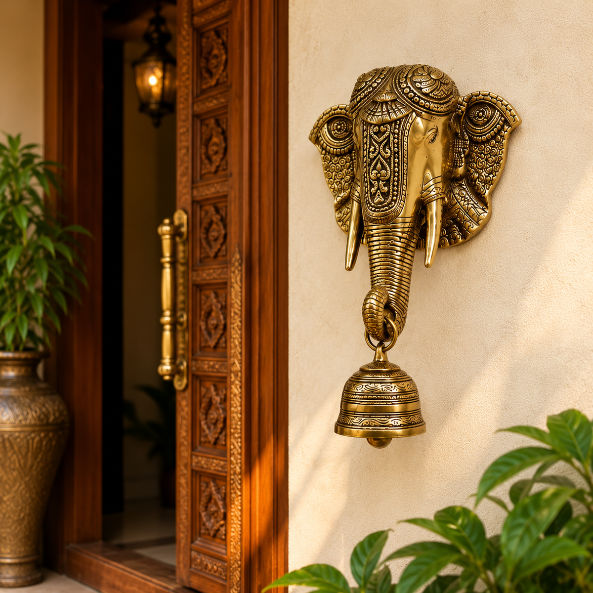 Brass Elephant Wall Hanging with Bell for Home Entrance, Temple & Vastu Decor | Antique Finish Decorative Door Hanging | 11 Inch