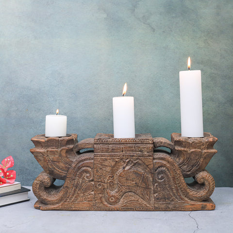 Antique Wooden Three Pillar Candle Stand