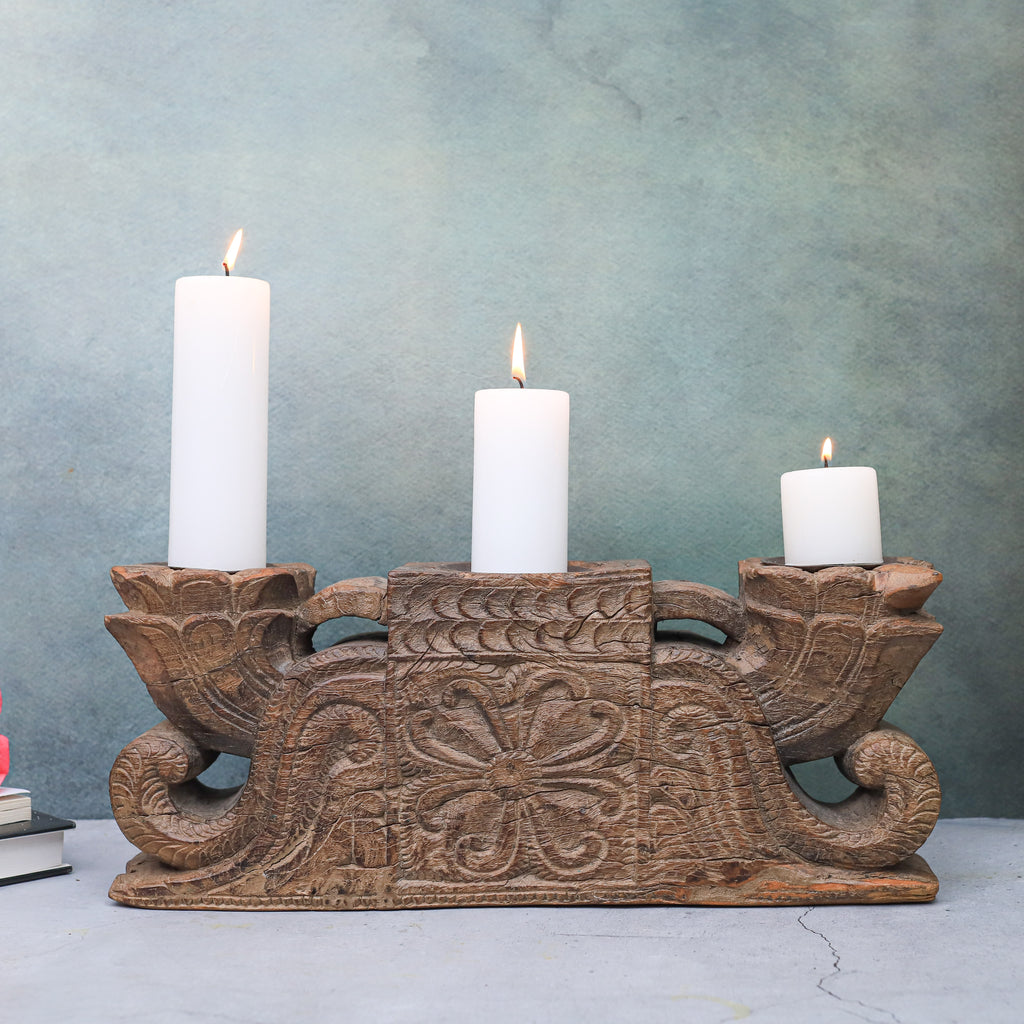 Antique Wooden Three Pillar Candle Stand