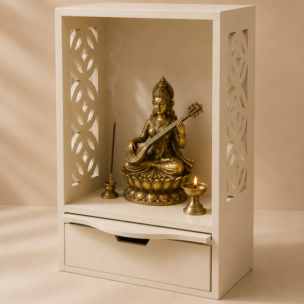 Pooja Mandir for Home in Wooden with Drawer and Incense Tray | 18 Inch