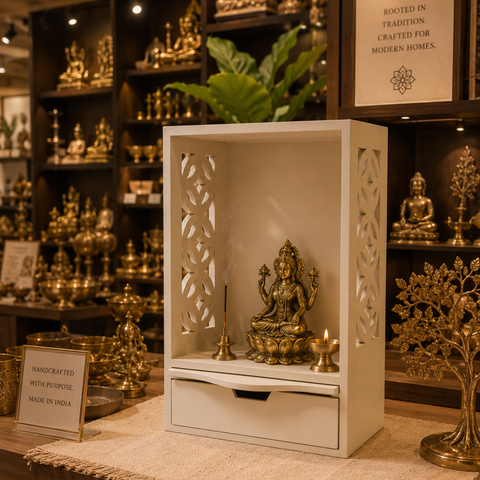 Pooja Mandir for Home in Wooden with Drawer and Incense Tray | 18 Inch