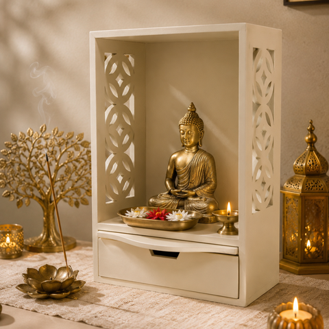 Pooja Mandir for Home in Wooden with Drawer and Incense Tray | 18 Inch