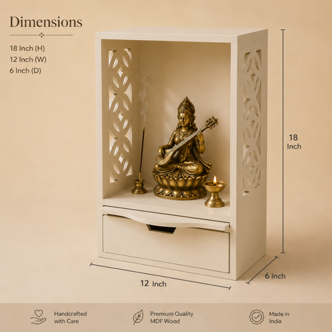 Pooja Mandir for Home in Wooden with Drawer and Incense Tray | 18 Inch